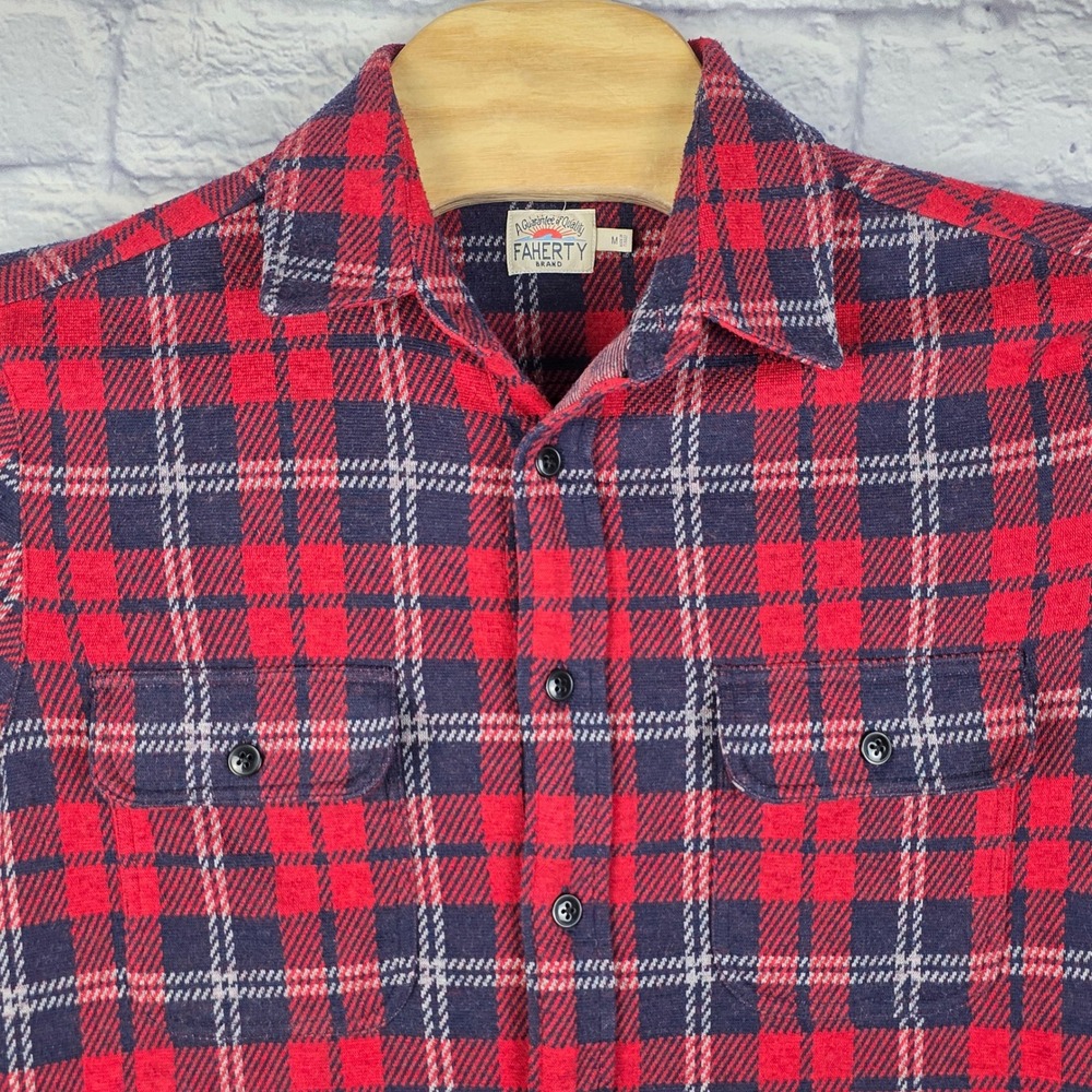 Faherty Brand Men Red Legend Sweater Plaid Knit Button Flannel Shirt Size Medium
